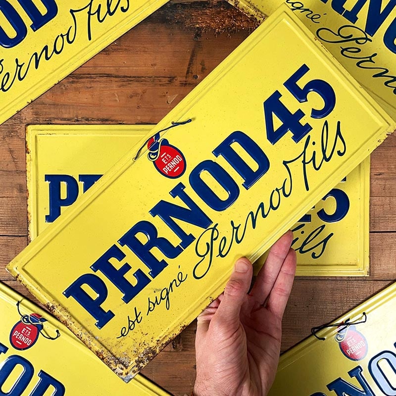 plaque tôle tole publicitaire pernod 45 fils 1938 1930 1940 alcool apéritif jaune bar ancien décoration vintage original