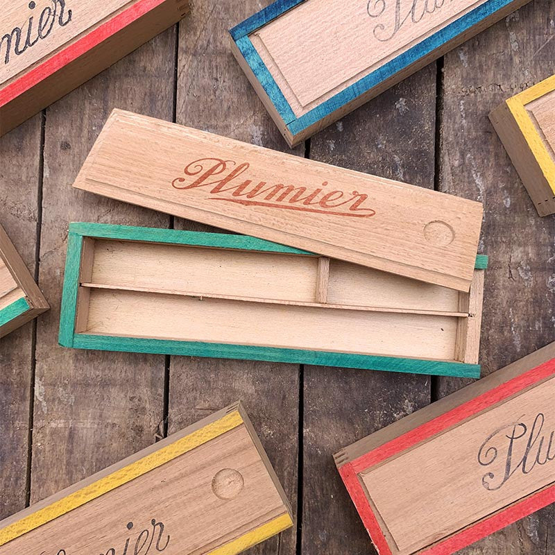 plumier en bois coloré couleur ancien école écolier plume boite glissière ancienne vintage 1950 1960