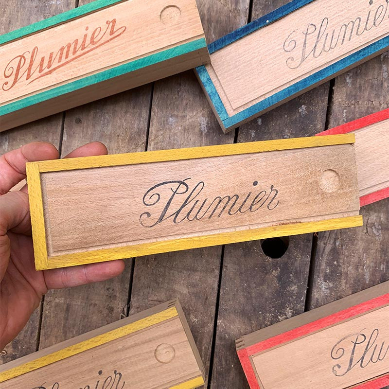 plumier en bois coloré couleur ancien école écolier plume boite glissière ancienne vintage 1950 1960