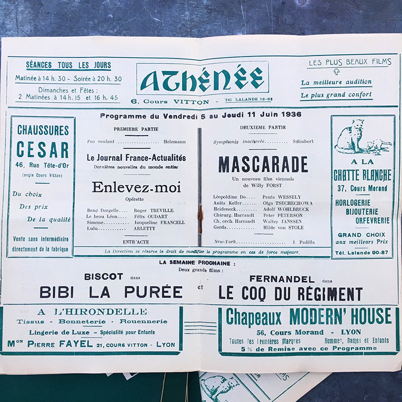 Programme de Cinema Theatre Ancien Lyon Vintage Athénée Vert 1936 1937