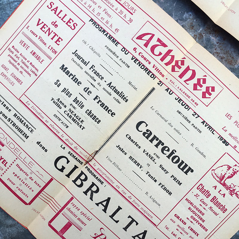 Programme de Cinema Theatre Ancien Lyon Vintage Athénée Rouge 1938 1939 1940