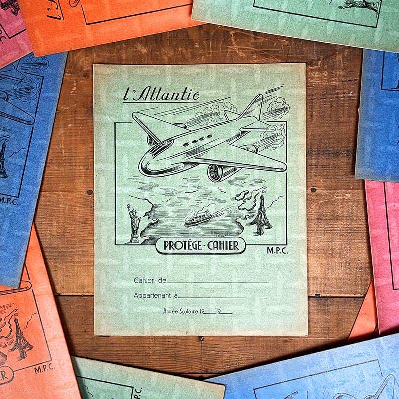 protège cahier ancien illustré couleur l'atlantic aviation avion coloré 1950 1960