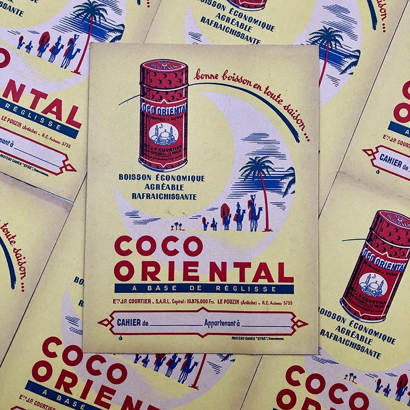 protège cahier ancien coco oriental boisson sucrée poudre coco boer pouzin soda 1950 1960