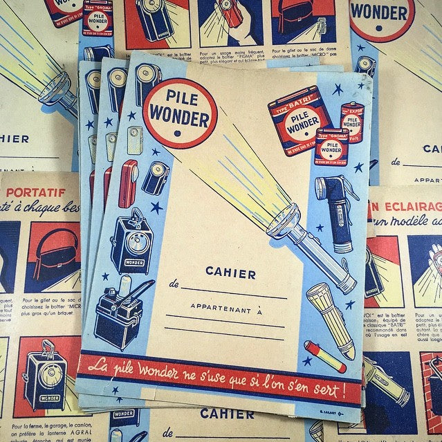 protège cahier pile wonder lampe ancien vintage école papier épicerie 1960