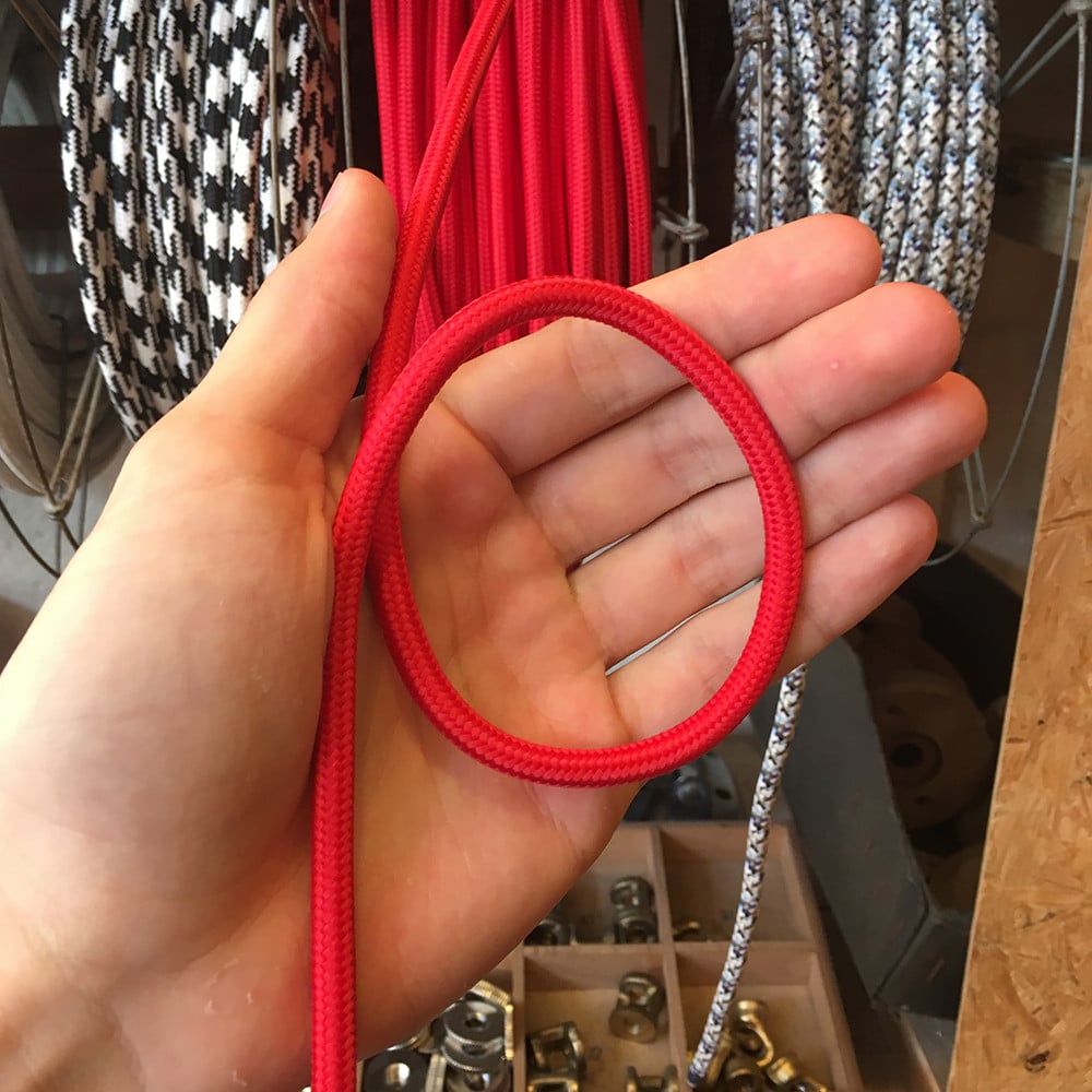 cable electrique fil textile vintage tissu rouge rond lampe luminaire