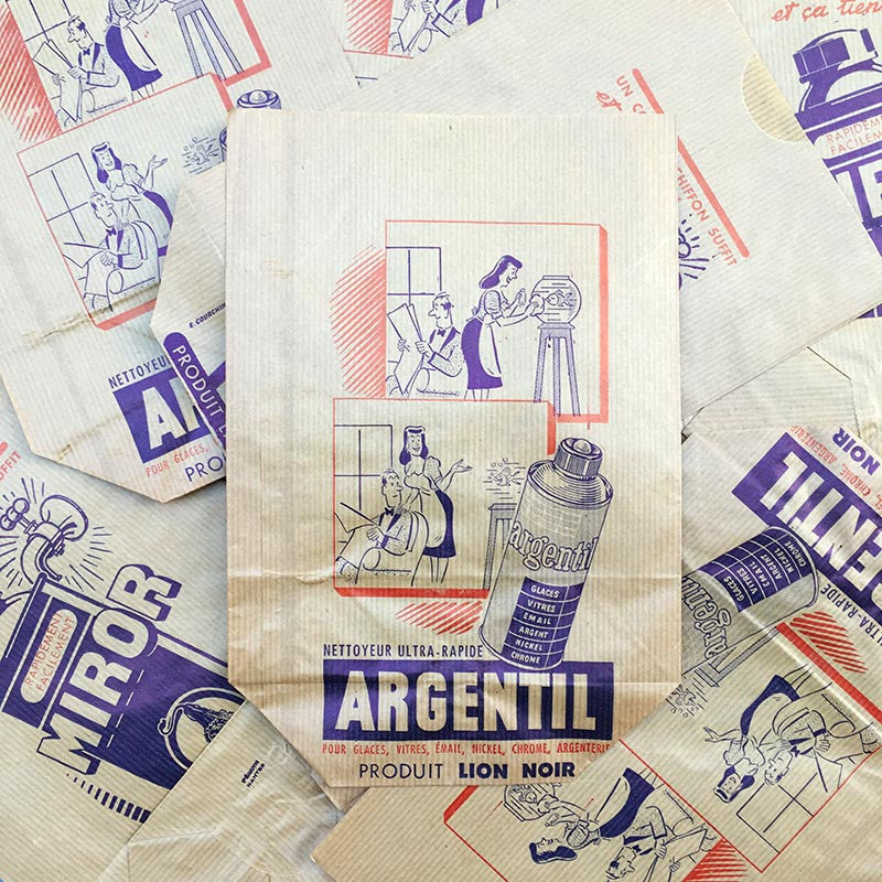 sachet ancien argentil miror lion noir nettoyeur illustration emballage papier vintage 1960