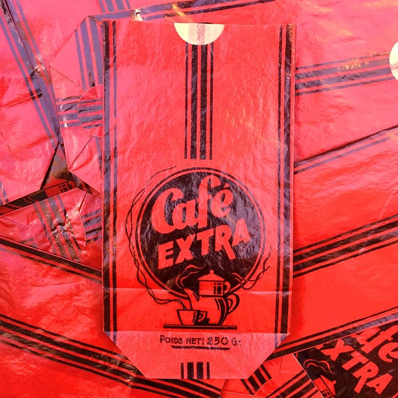 sachet ancien café thé extra rouge 250 grammes illustration emballage papier vintage 1960