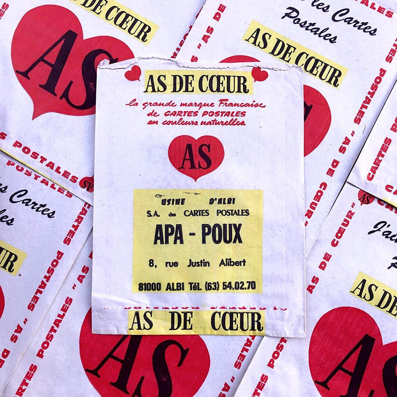 sachet ancien carte postale emballage papier vintage 1960 1966 as de coeur