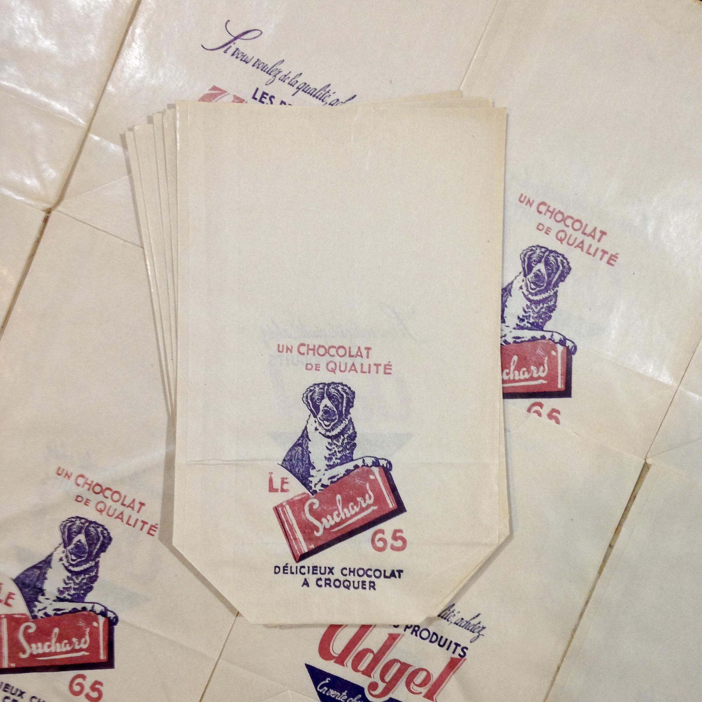 sachet chocolat suchard ancien vintage papier chien épicerie 1960