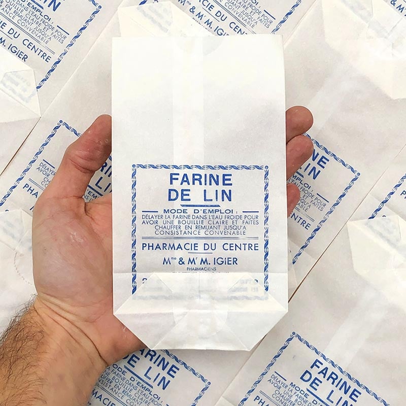 sachet farine de lin pharmacie du centre m mme igier macon ancien stock vintage 1940 1930 emballage soufflet