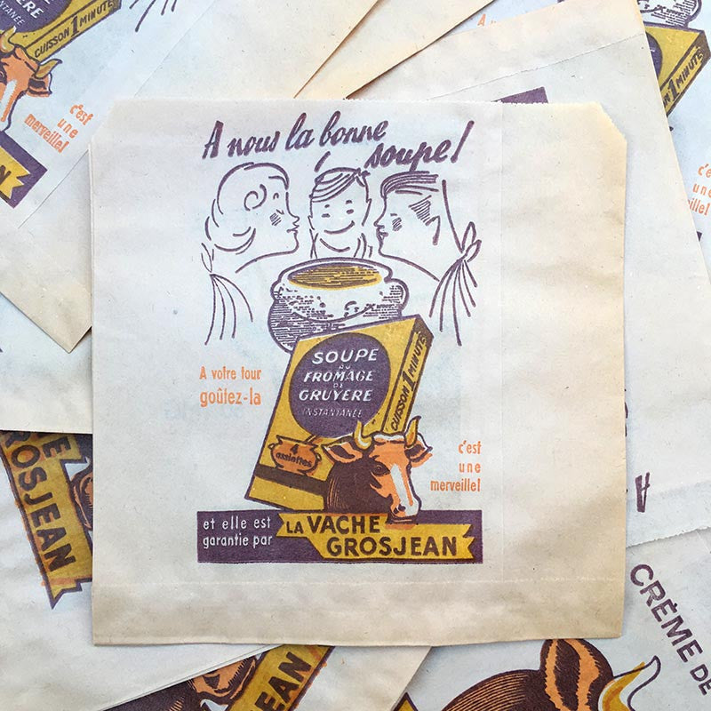 sachet ancien la vache grosjean fromage creme gruyere soupe illustration emballage papier vintage 1960