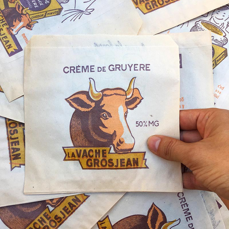sachet ancien la vache grosjean fromage creme gruyere soupe illustration emballage papier vintage 1960