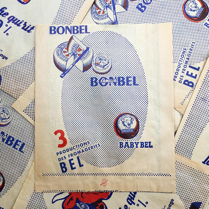 sachet ancien la vache qui rit bonbel babybel bel fromage illustration emballage papier vintage 1960
