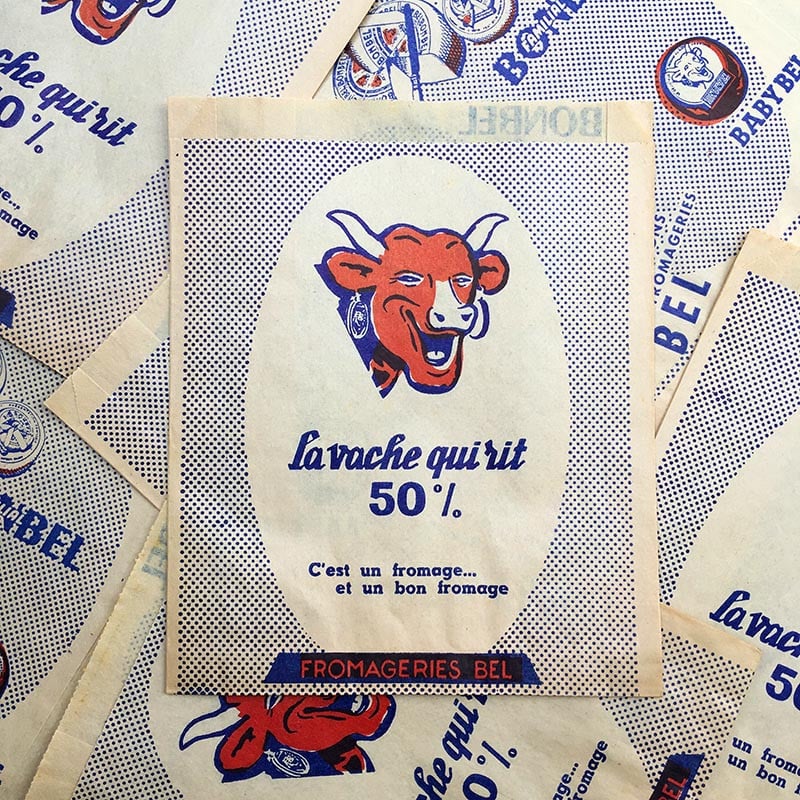 sachet ancien la vache qui rit bonbel babybel bel fromage illustration emballage papier vintage 1960