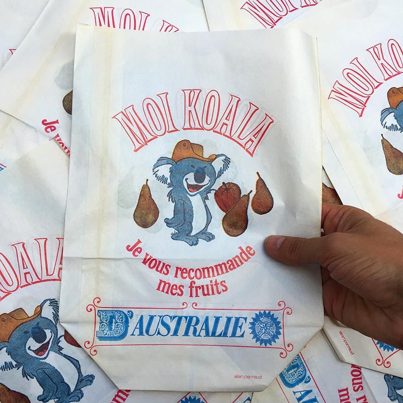 sachet ancien koala fruit australie illustration emballage papier vintage 1960
