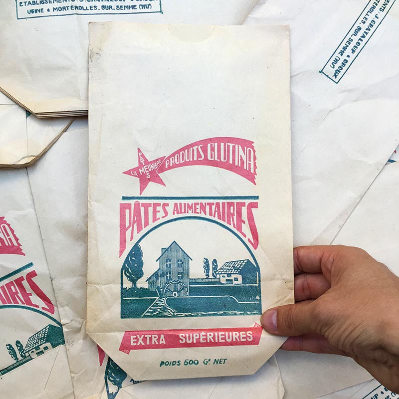 sachet ancien pates alimentaires la meuniere glutina illustration emballage papier vintage 1960