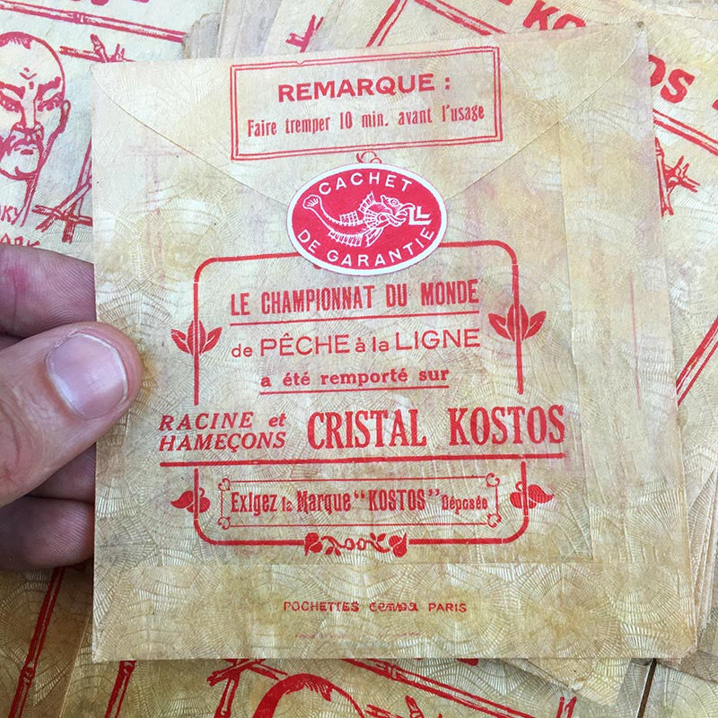 sachet fil pêche racine japonaise kostos 1930 nylon poisson ancien vintage racine emballage