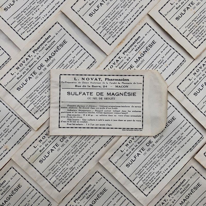 sachet sulfate de magnesie sel de seltlitz pharmacie ancien stock vintage 1940 1930 emballage