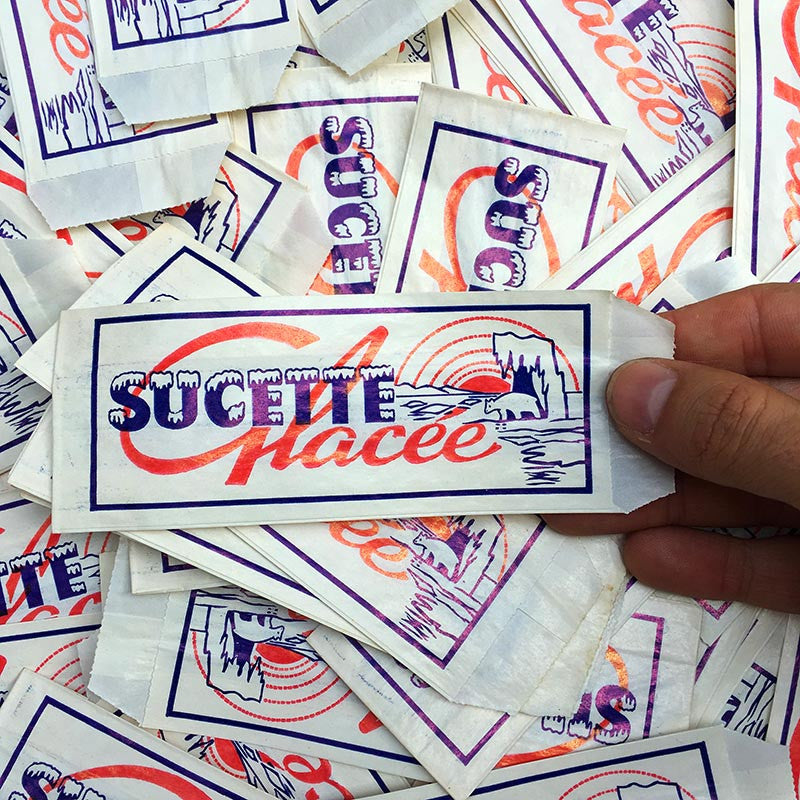 sachet ancien sucette glaçée glace friandise illustration emballage papier vintage 1960