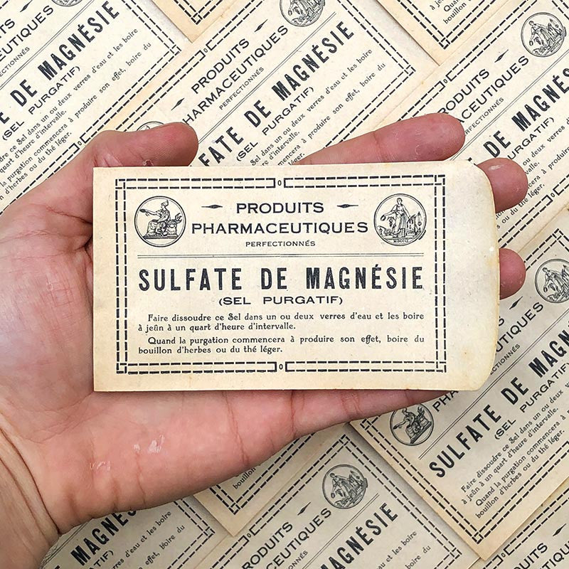 sachet sulfate de magnesie jaune pharmacie ancien stock vintage 1940 1930 emballage