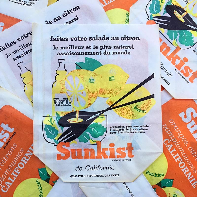 sachet ancien sunkist fruits orange citron pamplemousse californie illustration emballage papier vintage 1960
