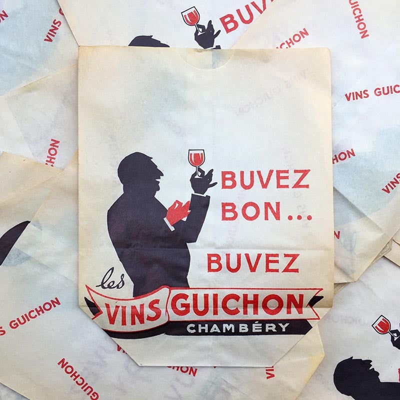 sachet ancien vin rouge guichon alcool chambery illustration emballage papier vintage 1960