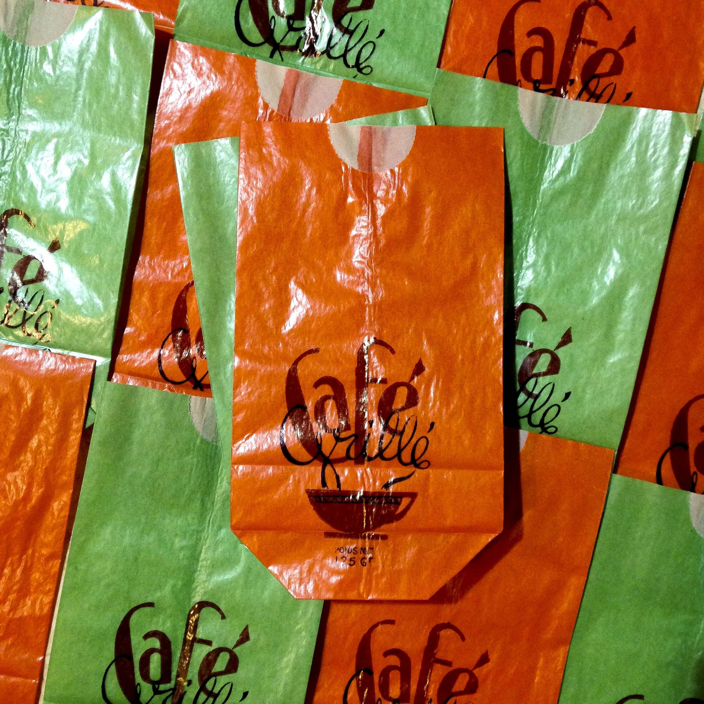 sachet café grillé papier ancien vintage 125gr vert orange épicerie 1960 soufflet