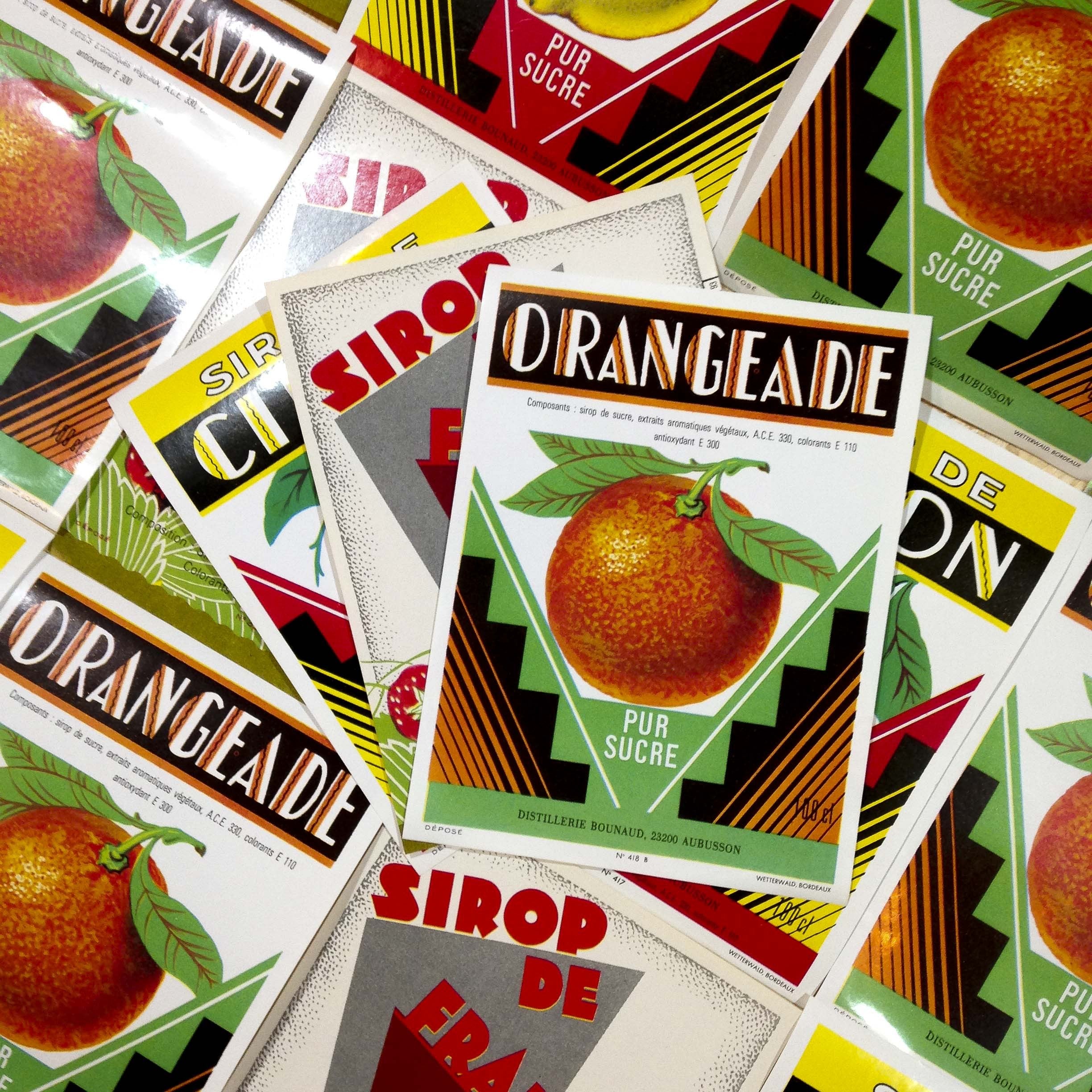 série 3 étiquettes ancien vintage papier orangeade sirop citron fraise 1960