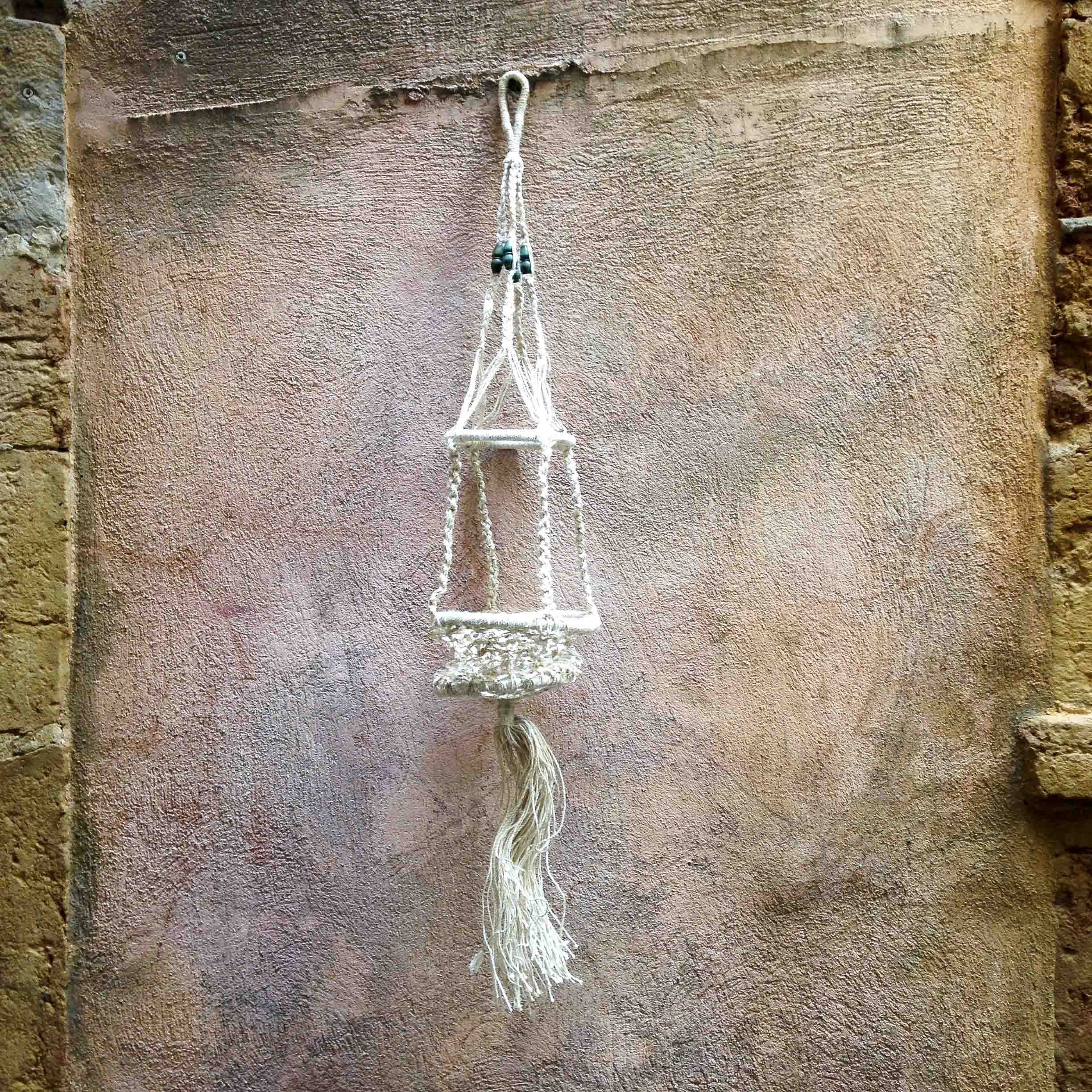 suspension macramé perles bois peintes ancien vintage 1980 usine pot fleurs