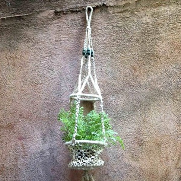 suspension macramé perles bois peintes ancien vintage 1980 usine pot fleurs