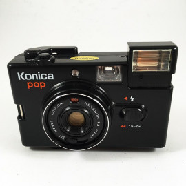 konica pop noir ancien vintage automatique hexanon 36mm 4 point and shoot flash box