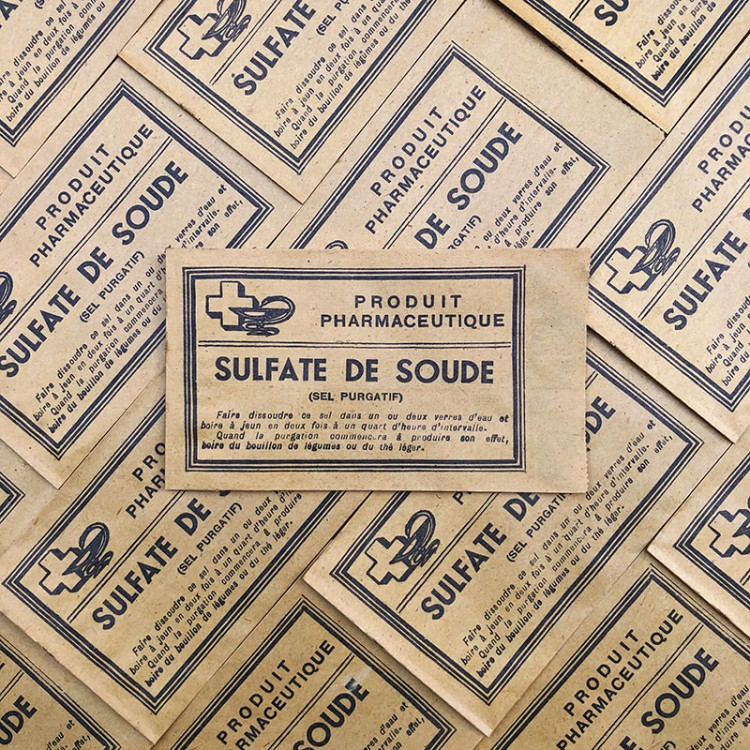sachet sulfate de soude jaune pharmacie ancien stock vintage 1940 1930 emballage