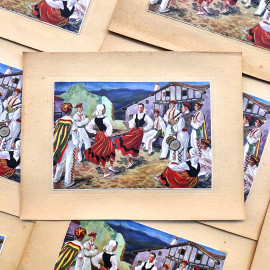 chromo scène vue danse traditionnelle pays basque ancienne chromo illustration affiche 1940 1950 bayonne charles homualk