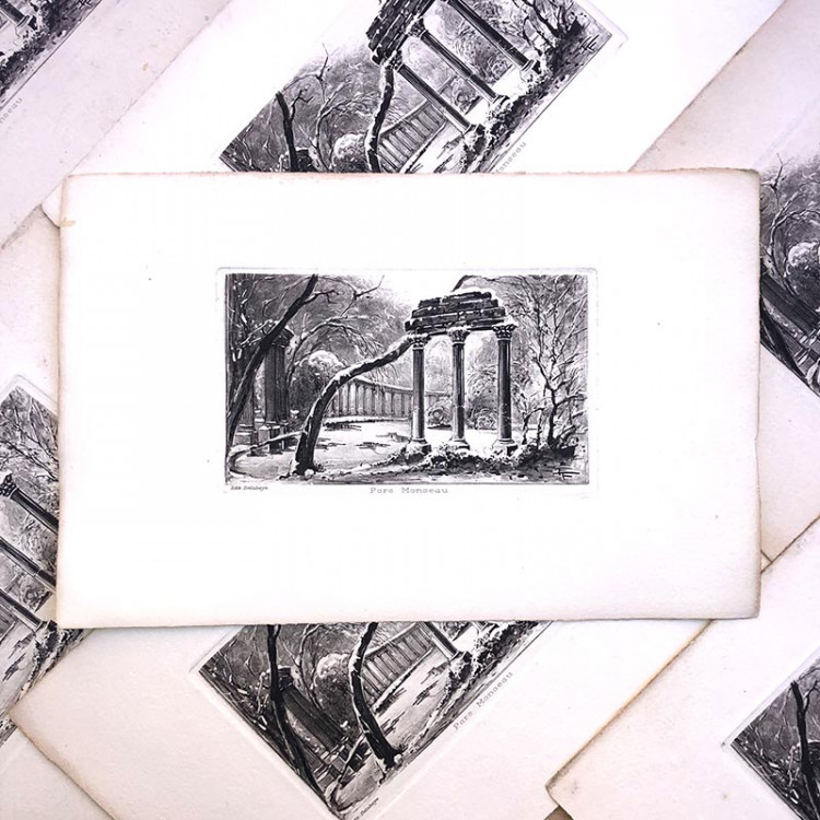 engraving paper antique parc monceau touristic view france vintage print printing 1930
