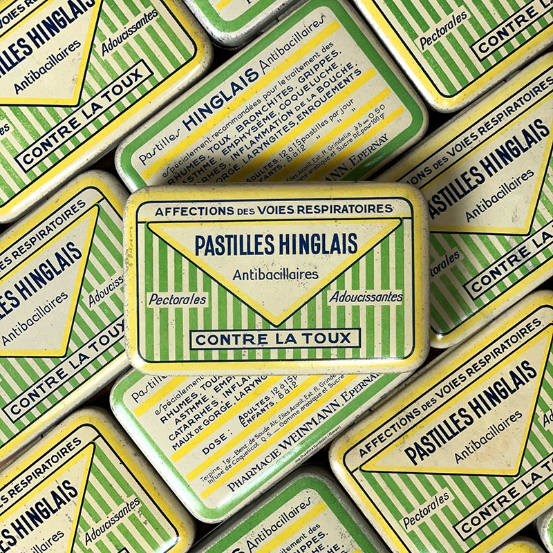petite boite métallique coffret pastilles hinglais pharmacie ancienneweinmann antibacillaires contre la toux 1930 1940 epernay marne 9,5cm 6cm
