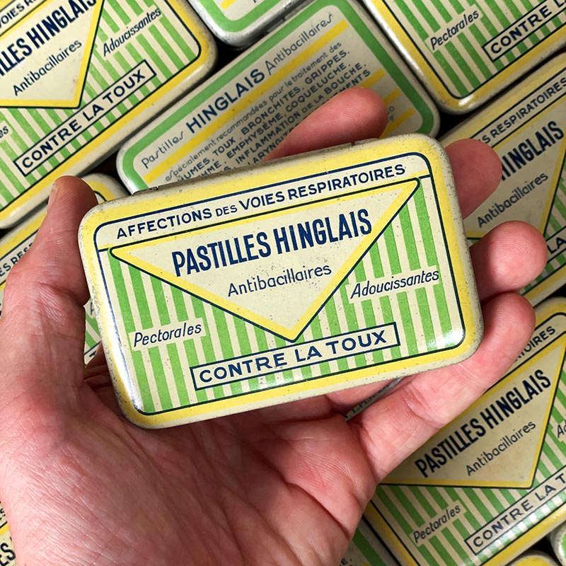 petite boite métallique coffret pastilles hinglais pharmacie ancienneweinmann antibacillaires contre la toux 1930 1940 epernay marne 9,5cm 6cm