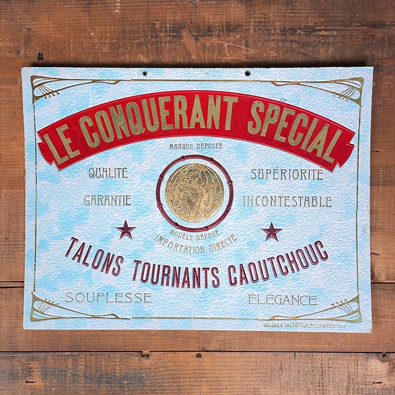 carton publicitaire ancien le conquérant spécial talons tournants caoutchouc publicité de cordonnier 1930 vintage
