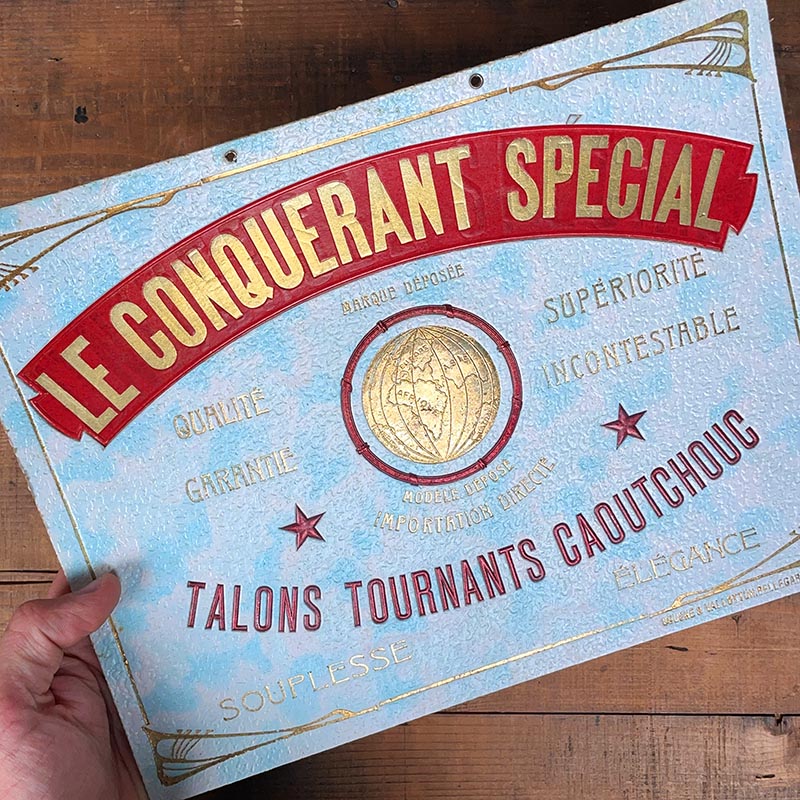 carton publicitaire ancien le conquérant spécial talons tournants caoutchouc publicité de cordonnier 1930 vintage