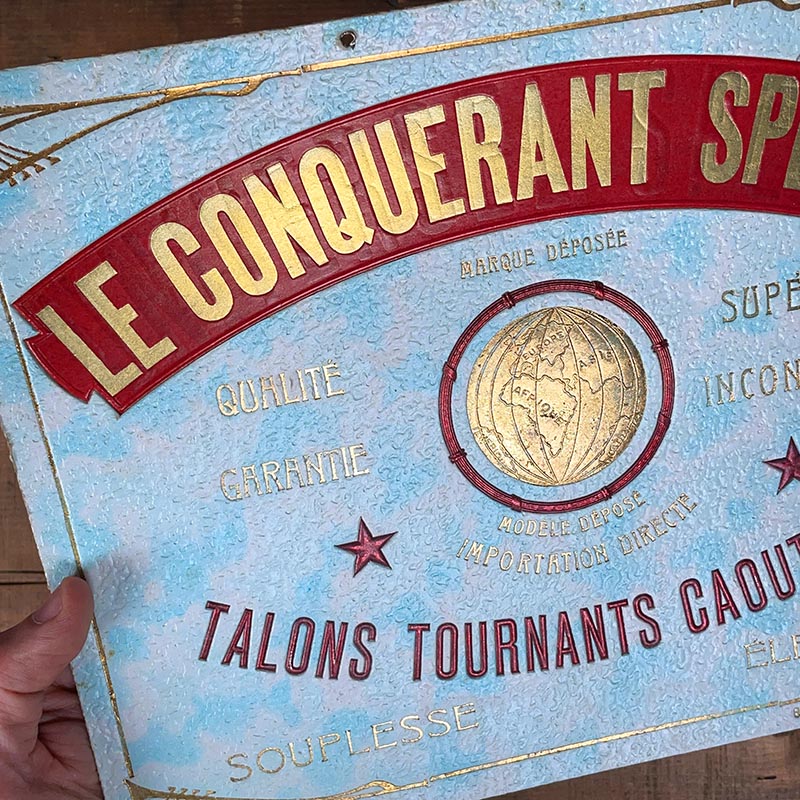 carton publicitaire ancien le conquérant spécial talons tournants caoutchouc publicité de cordonnier 1930 vintage