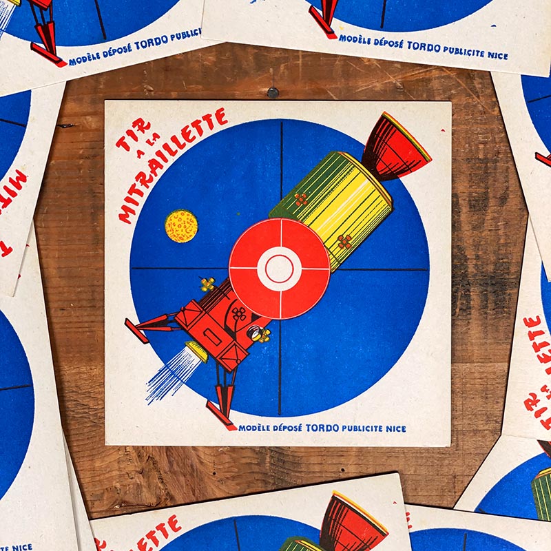cible tir ancien fête forraine vaisseau spatial fusée sputnik papier vintage 1960