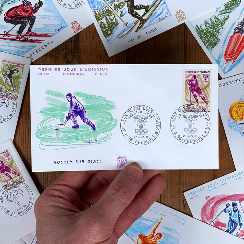 enveloppe premier jour jo jeux olympiques grenoble 68 timbre sortie officielle la poste ancienne vintage 1968 france