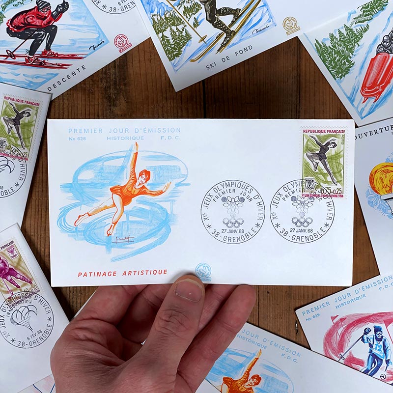 enveloppe premier jour jo jeux olympiques grenoble 68 timbre sortie officielle la poste ancienne vintage 1968 france