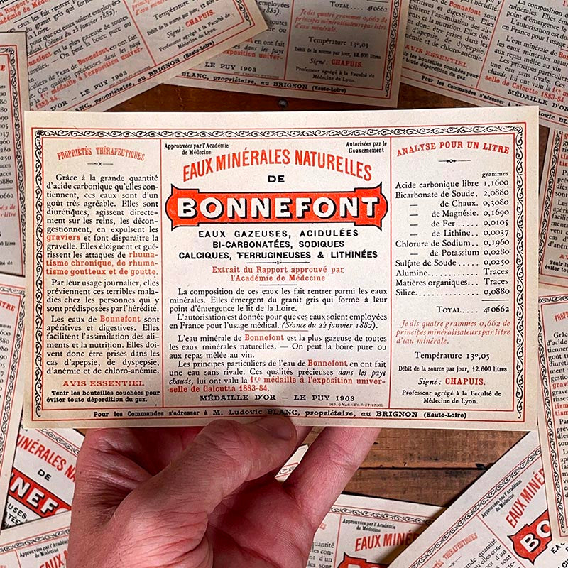 Étiquette Eaux Minérales Naturelles de Bonnefont ancienne en papier datant de 1900 1903 haute loire