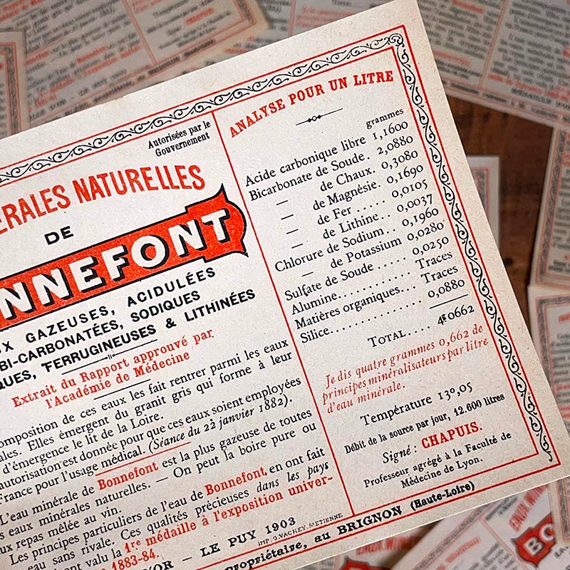 Étiquette Eaux Minérales Naturelles de Bonnefont ancienne en papier datant de 1900 1903 haute loire