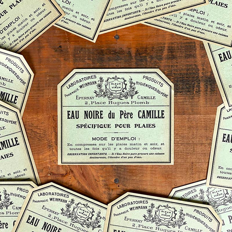 étiquette ancienne pharmacie hinglais reims epernay marne 1900 1920 eau noire du père camille spécifique pour plaies