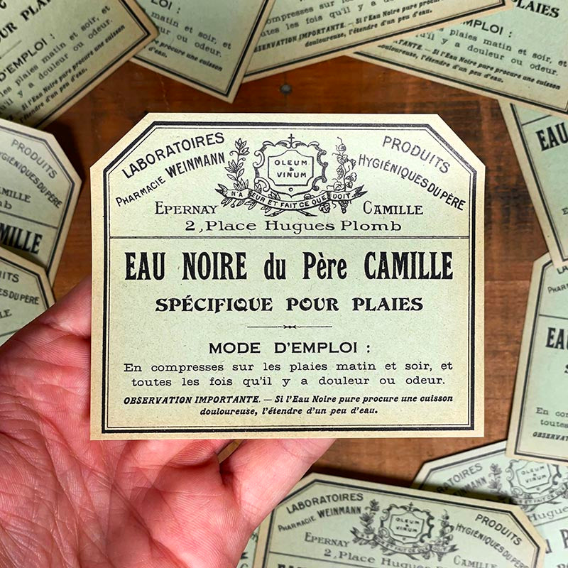 étiquette ancienne pharmacie hinglais reims epernay marne 1900 1920 eau noire du père camille spécifique pour plaies
