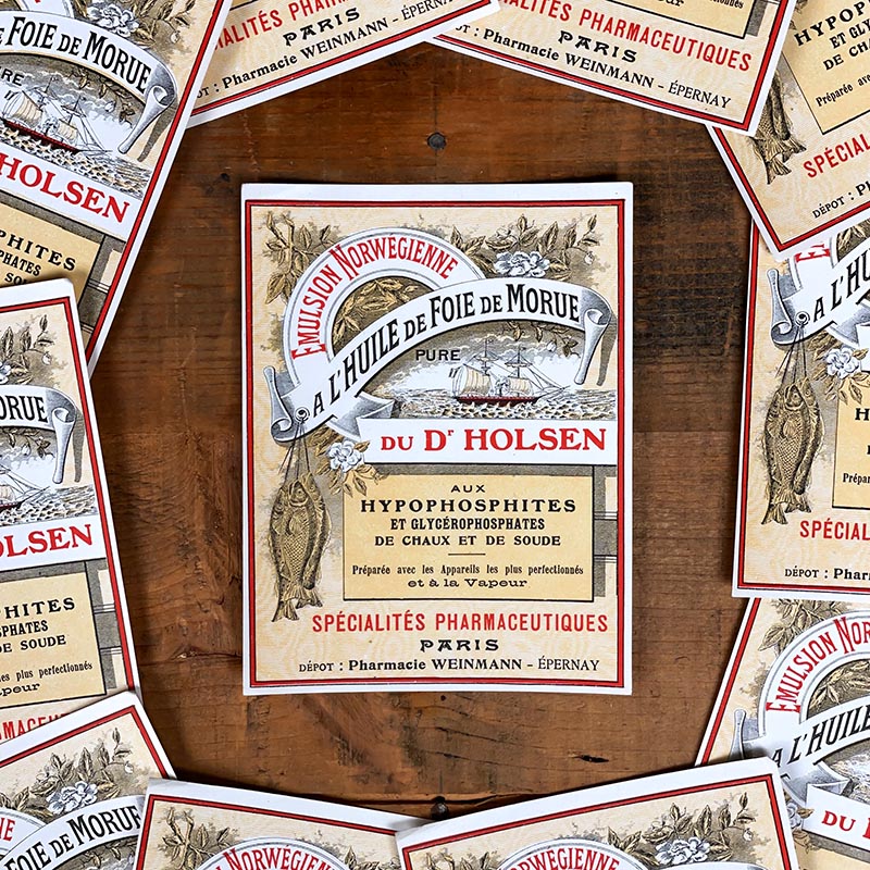 étiquette ancienne pharmacie hinglais reims epernay marne 1900 1920 emulsion norwégienne à l'huile de foie de morue pure dr holsen