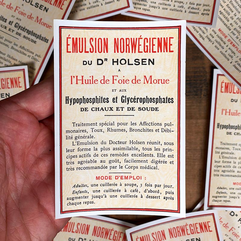 étiquette ancienne verso pharmacie hinglais reims epernay marne 1900 1920 emulsion norwégienne à l'huile de foie de morue pure dr holsen