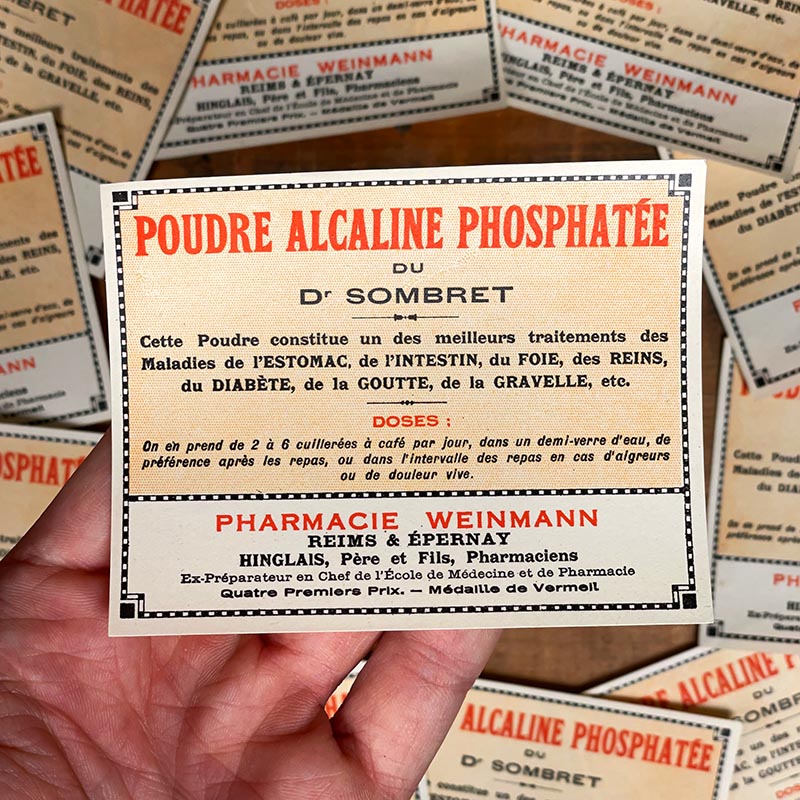 étiquette ancienne pharmacie hinglais reims epernay marne 1900 1920 poudre alcaline phosphatée du dr sombret