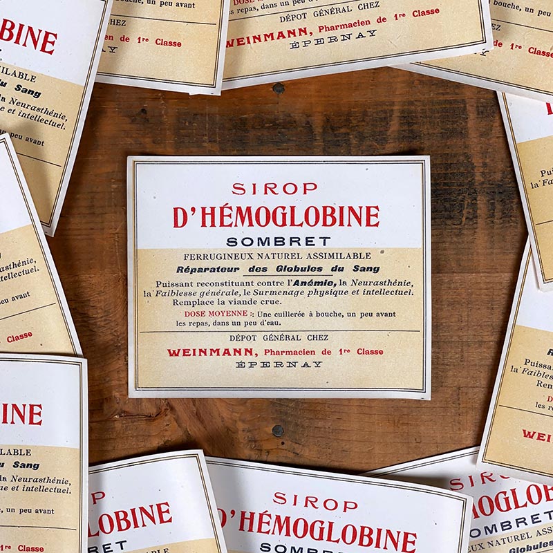 étiquette ancienne pharmacie hinglais reims epernay marne 1900 1920 sirop d'hémoglobine sombret